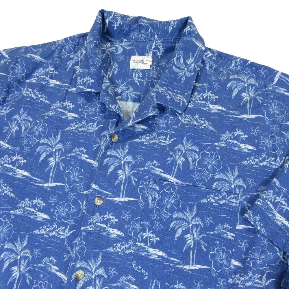 Fair Harbor Mens Camp Shirt 2XL Blue Floral Allover Palm Stretch Organic‎ Cotton